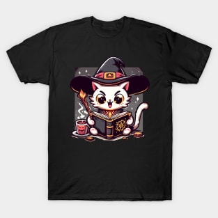 Kawaii witchy cat read evil spellbook T-Shirt